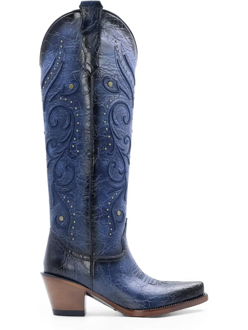 Women's Blue Polyurethane Pointed Toe Knee High Side Zipper Chunky Heel Boots